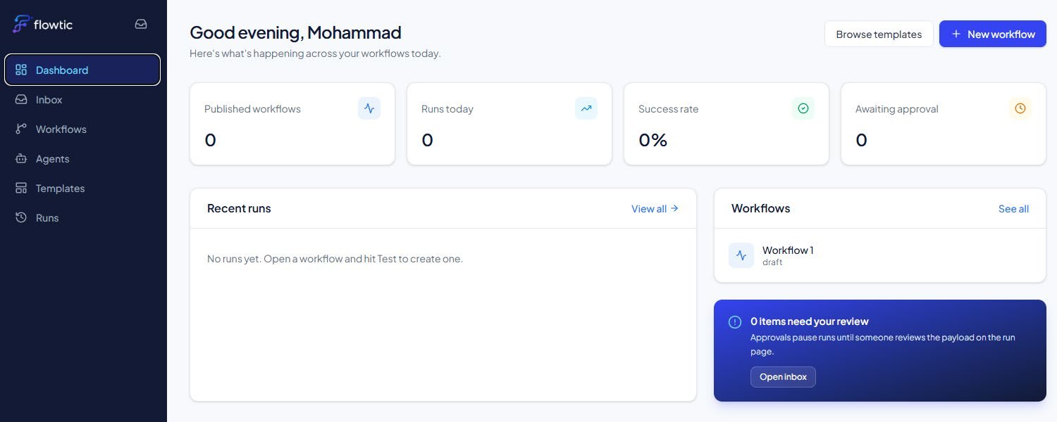 Flowtic dashboard with workflow counts, recent runs and approvals