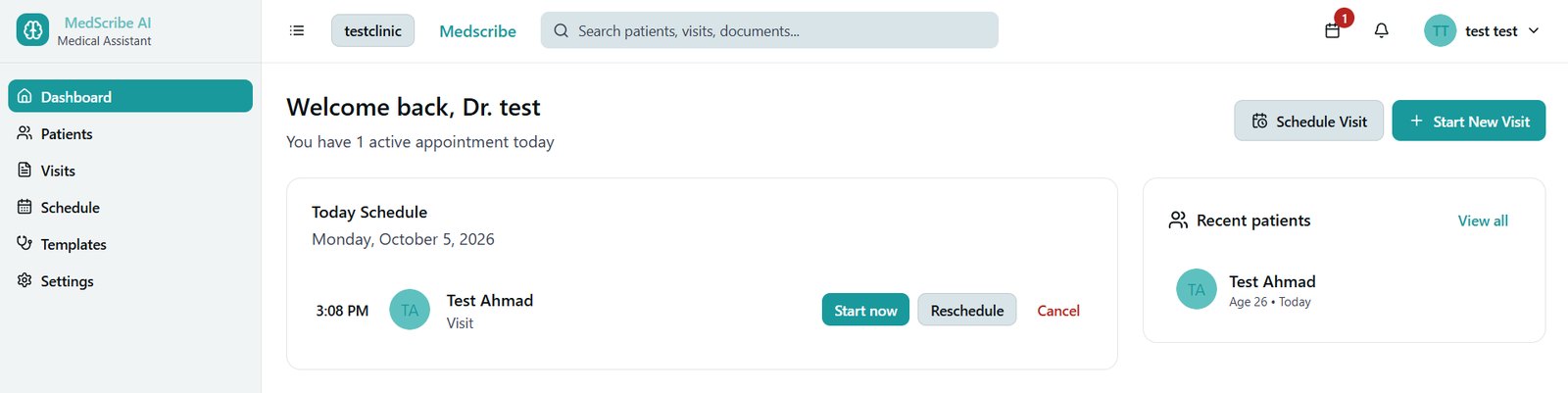 MedScribe dashboard showing today's schedule and recent patients