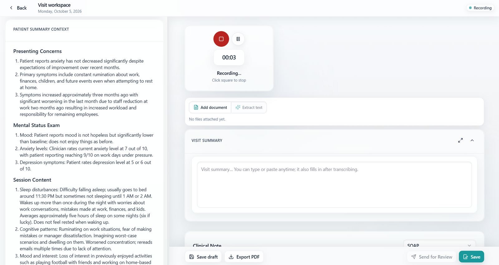 MedScribe recording screen with the patient summary beside the recorder