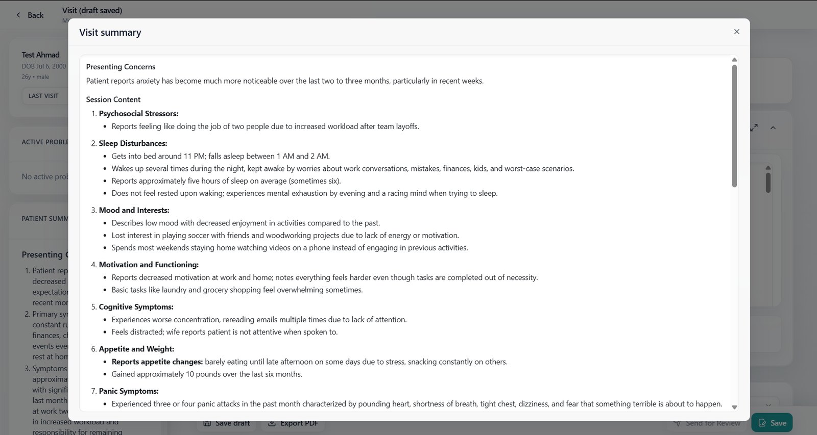 MedScribe visit summary organised by topic after a recorded session